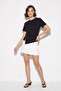 Women's Cotton Crew Neck Asymmetrical Cut Black Blouse with Waist Accessory - 4