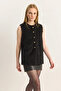 Women's Soft Textured Bearded Button Detailed Lined Black Vest - 3