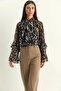 Women's Tie-Neck Patterned Chiffon Flounce Sleeve Black Blouse - 3