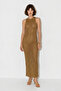 Women's Openwork Knitted Crew Neck Fitted Maxi Beach Dress Khaki