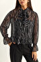 Women's Gathered Sleeve Detailed Tie-Collar Patterned Chiffon Black Blouse - 6