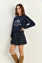 Women's Crew Neck Embroidered Three-Thread Raised Navy Blue Sweatshirt - 2