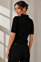 Women's Black Short Sleeve Polo Collar Buttoned Openwork Knitwear Blouse 23070 - 3