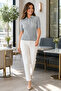 Women's Gray Short Sleeve Polo Collar Buttoned Openwork Knitwear Blouse 23070 - 5