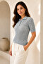 Women's Gray Polo Collar Short Sleeve Buttoned Openwork Knitwear Blouse 23070 - 7