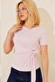 Women's Pink Waist-Tie Basic T-Shirt - 3