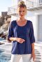 Italian Navy Blue Lace Collar 3/4 Sleeve Elastic Waist Sequined Silk Woven Blouse 65 70 - 7