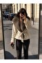 Women's Leather Jacket with Fur Collar and Belt at the Waist - 4