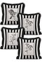 Black and White Striped Botanical Floral and Bird Patterned 4-Piece Fringed Throw Pillow Cover Set