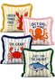Set of 4 Fringed Throw Pillow Covers with Striped Background and Lobster, Octopus and Fish Figures