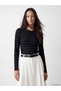 Black Crew Neck Striped Women's Ribbed Bodysuit