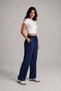 Women's Navy Blue High-Waisted, Linen Textured Gabardine, Elastic Waist, Lace-Up, Pocketed, Comfortable Cut Pants - 4