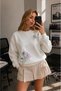 Women's Purple Flower Branch Printed Comfortable Fit Crew Neck White Sweatshirt - 2