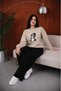 Women's Graphic Printed Comfortable Fit Crew Neck Beige Sweatshirt with Glasses - 4
