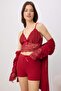 Kırmızı 4'lü Paket Dantel ve Kurdele Detaylı Örme Pijama Takımı THMSS26PT00240 - 3