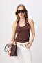 Brown Plain Fitted/Body-Fitting Button Detailed Halter Neck Knitted Athlete Top Twoss26Al00104
