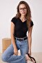 Black Fitted/V-Neck Short Sleeve Ruched Soft Knitted Blouse Twoss26Bz00769