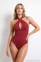 Burgundy Deep V-Neck Covered Regular Swimsuit Tbess26Ma00043