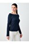 Navy Blue Straight Cut Long Sleeve Boat Neck Knitted Blouse - 3