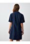 Navy Blue 100% Linen Short Sleeve Button Detailed Jacket Collar Mini Dress - 6