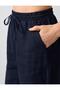 Navy Blue 100% Linen High Waist Narrow Leg Woven Trousers - 5