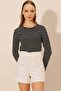 Women's Fitted Crew Neck Striped Long Sleeve Blouse - 3