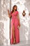 Flexible Sandy Fabric Deep V-Neck Slit Short Sleeve Maxi Evening Dress Pink 582862