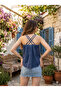 Women's Antique Denim Color Looking Back Cross Strap Organic Cotton Natural Blouse - 2