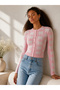 Pink White Bow Jacquard Stitch-Free Cropped Cardigan - 2