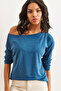 Women's Petrol Blue Boat Neck Wool Viscose Flowing Blouse Blz- 19002738 - 3