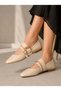 Feles Buckle Detailed Blunt Toe Women's Ballerina Shoes Beige