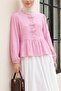 Buttoned Blouse with Bow Detail on the Front and Elastic Sleeves - Pink - 5