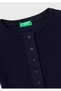 Women's Navy Blue Cotton Blend Round Neck T-Shirt with Button Detail on the Front - 3