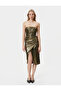 Strapless Dress Shiny Draped Leaf Textured Double Breasted Slit Midi Length - 3