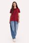 Women's Relax Fit Relaxed Cut Short Sleeve Crew Neck Claret Red T-Shirt - 2
