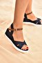 Navy Blue Linen Women's Wedge Heeled Shoes K674305005