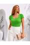 Green Corded U-Neck Short Sleeve Blouse Tr0303 - 2