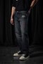 Men's Baggy Fit Embroidered Frayed Jean Trousers Black - 3