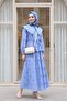 Baby Collar, Elastic Waist, Lace-Up, Embroidered, Lined, Linen Look Suit - Blue