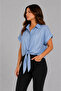 Women's Satin Look Striped Short Sleeve Shirt - Blue - 3