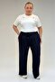 59002 Large Size Pleated Detail Combed Cotton Trousers - Navy Blue