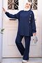 Button Detailed Navy Blue Hijab Double Suit 13261L - 2
