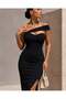 Asymmetric Single-Shoulder Slit-Detail Midi Dress  582111 Black - 2