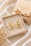 Cream Enamel Embroidered Gold Framed-Vintage Flower Earrings - 4
