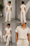 Women's Cream Polo Collar Detailed Wide-Leg Pants Modal Fabric Top and Bottom Set - 6