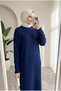 Women's Navy Blue Ribbed Loose Knitwear Dress Suitable for Hijab Wear