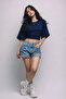Women's Summer Short Sleeve Navy Blue Crop Blouse