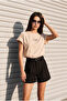 Beige Printed Oversized Short Sleeve Crew Neck Women's T-Shirt