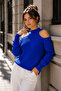 Women's Blue Off-The-Shoulder Knitwear Sweater - 4