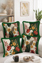 Flower and Leaf Patterned 4-Piece Fringed Cushion Cover Set with Green Background - 2